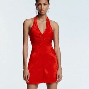 Zara Red Halter Silk Effect Mini Dress